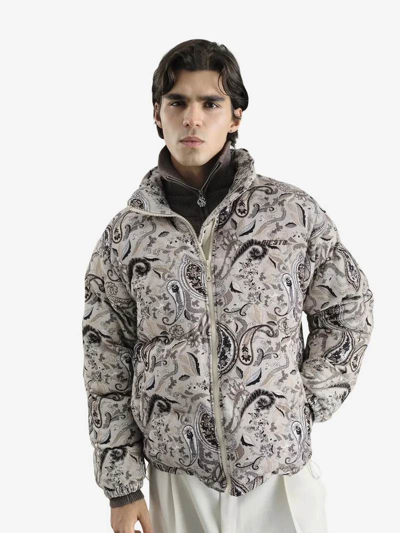Giesto GIESTO Patterned Bomber Puffer Jacket with Zipper Collar