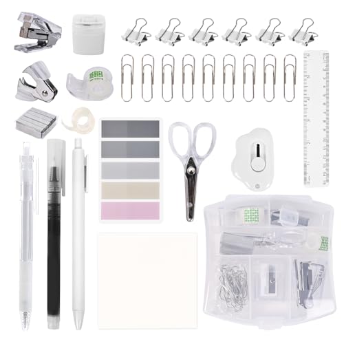 YUMOONI Mini Office Supply Kit, Mini Stapler with Staples and Tape Dispenser Set, Mini Stationary Kit Includes Sticky Notes Index Tabs Gel Pens for Office & School (Transparent) - Image 1