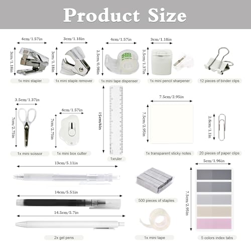 YUMOONI Mini Office Supply Kit, Mini Stapler with Staples and Tape Dispenser Set, Mini Stationary Kit Includes Sticky Notes Index Tabs Gel Pens for Office & School (Transparent) - Image 3