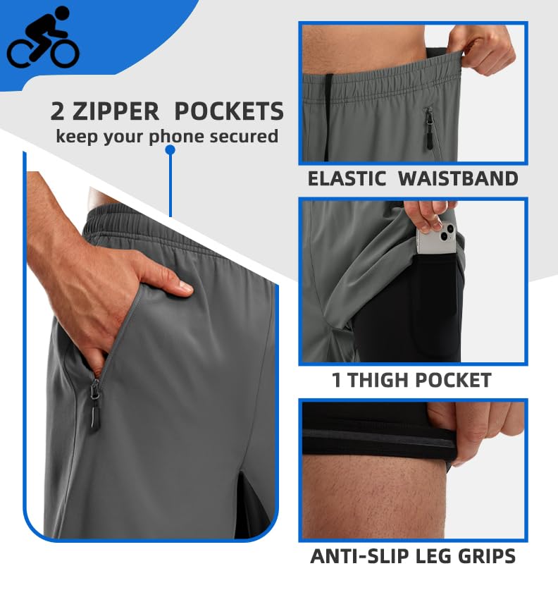 Bikewa Men's Mountain Bike Shorts 3D Padded Loose-fit Biking Riding Cycling Bicycle Biker Cycle Padding Shorts for Men Zipper Pockets(Grey Black,L) - Image 5