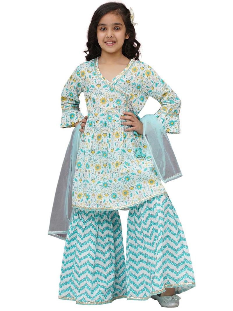 AJ DEZINES Girls Blue Sharara Kurta Set | Cotton 3/4 Sleeve Kurti Set | Ethnic Wear for Girls | Floral Print Sharara Suit | Stylish Salwar Suit Set for Girls for Festivals (G-1160-SKY-BLUE-6-7Y-26) - Image 1