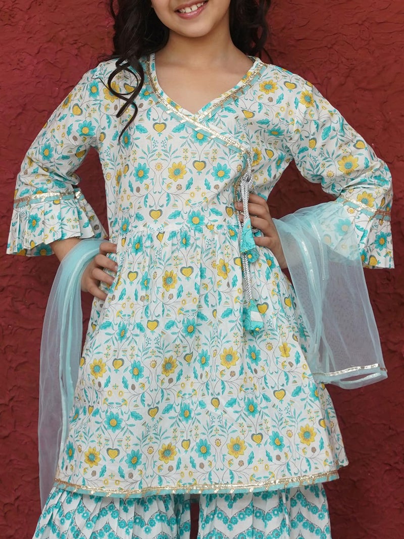 AJ DEZINES Girls Blue Sharara Kurta Set | Cotton 3/4 Sleeve Kurti Set | Ethnic Wear for Girls | Floral Print Sharara Suit | Stylish Salwar Suit Set for Girls for Festivals (G-1160-SKY-BLUE-6-7Y-26) - Image 4