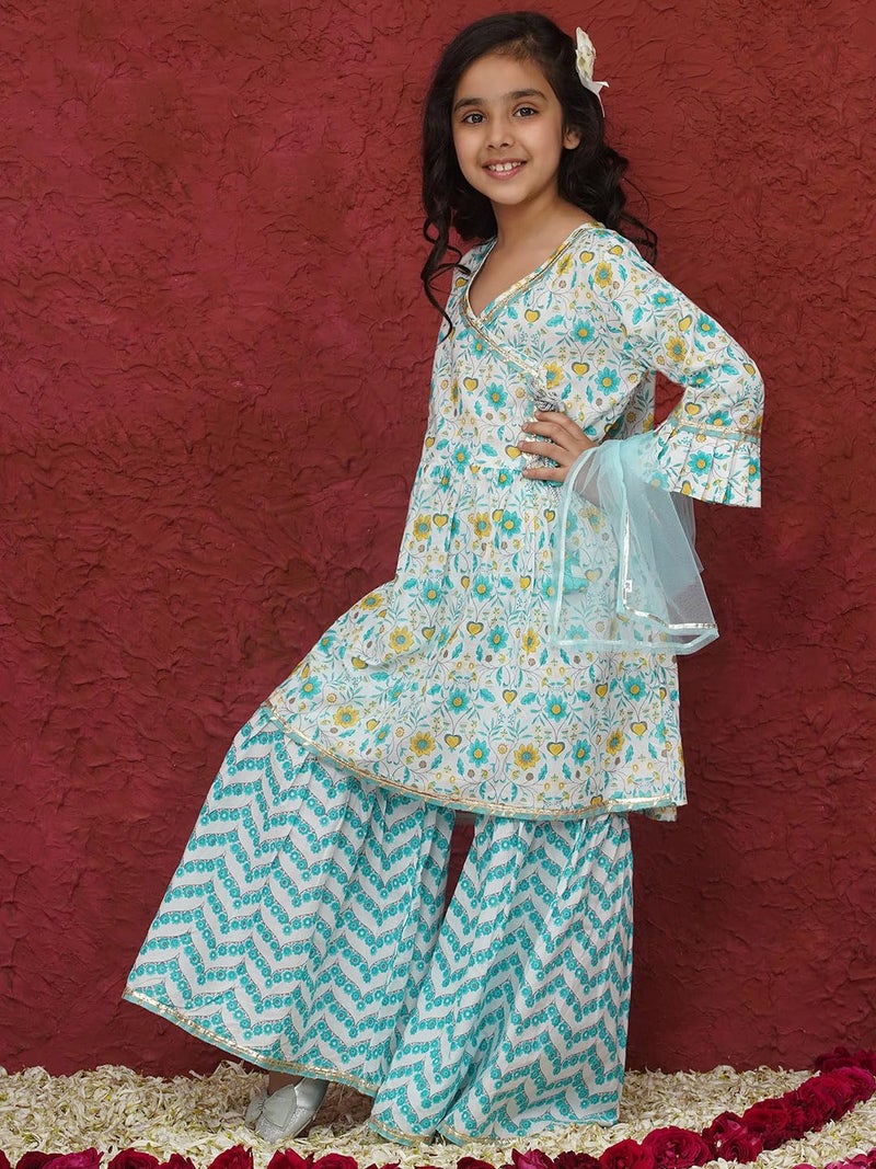 AJ DEZINES Girls Blue Sharara Kurta Set | Cotton 3/4 Sleeve Kurti Set | Ethnic Wear for Girls | Floral Print Sharara Suit | Stylish Salwar Suit Set for Girls for Festivals (G-1160-SKY-BLUE-6-7Y-26) - Image 5