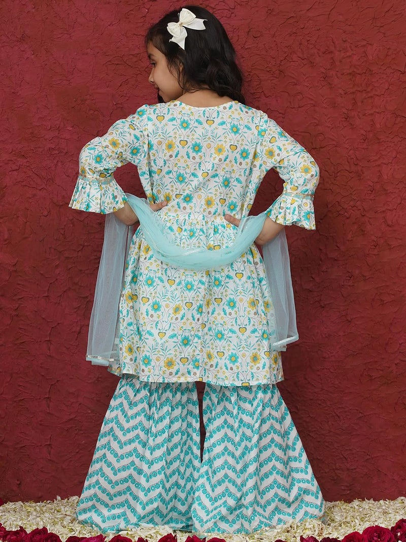 AJ DEZINES Girls Blue Sharara Kurta Set | Cotton 3/4 Sleeve Kurti Set | Ethnic Wear for Girls | Floral Print Sharara Suit | Stylish Salwar Suit Set for Girls for Festivals (G-1160-SKY-BLUE-6-7Y-26) - Image 3