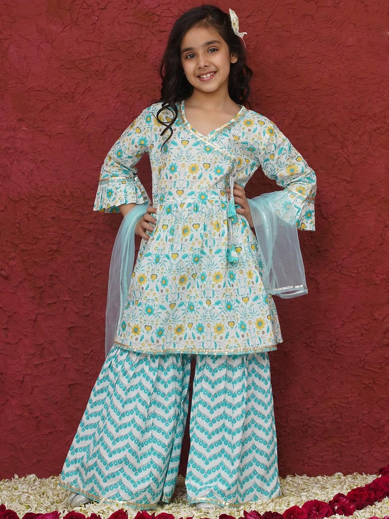 AJ DEZINES Girls Blue Sharara Kurta Set | Cotton 3/4 Sleeve Kurti Set | Ethnic Wear for Girls | Floral Print Sharara Suit | Stylish Salwar Suit Set for Girls for Festivals (G-1160-SKY-BLUE-6-7Y-26) - Image 2