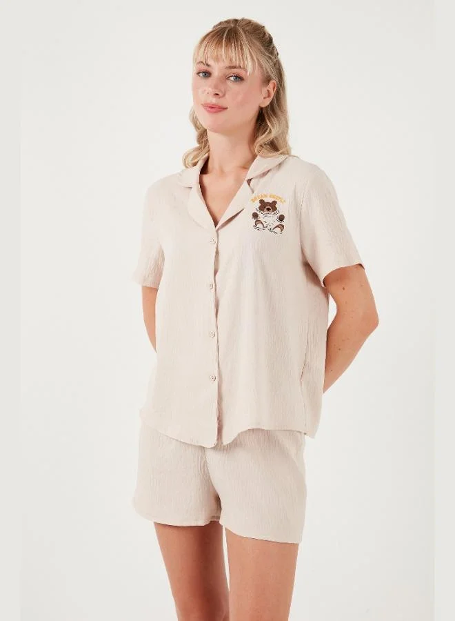 ليلا طقم بيجامة ليلا نسائي قصير الأكمام بياقة قميص وخصر مطاطي