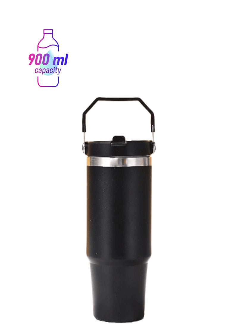 TIGER 900ml Stainless Steel Leak-Proof Travel Tumbler Mug – Double Wall Vacuum Insulated Sipper Bottle with Straw & Lid, Perfect for Car, Office, Travel & Gym (Black) - Image 1