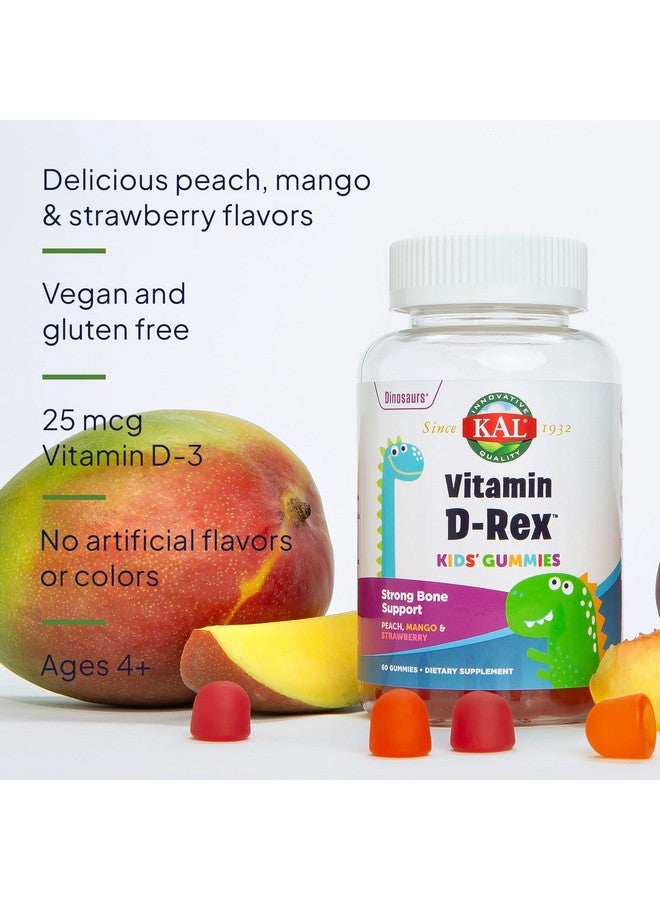 KAL Vitamin D-Rex - Vitamin D Gummies for Kids - Kids Vitamin D3 - Peach, Mango, and Strawberry Flavors - Immune, Heart, Bone & Oral Support - Vegetarian, Gluten Free - 60 Servings, 60 Gummies - Image 4