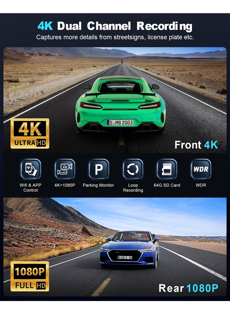 X-level 4K Dash Cam For Car 3840*2160P Dual Lens Support 1080P Rear Camera,G-Sensor, Loop Recording,WIFI GPS 24H Parking Monitoring, Night Vision, Free 32GB SD Card  - Image 2