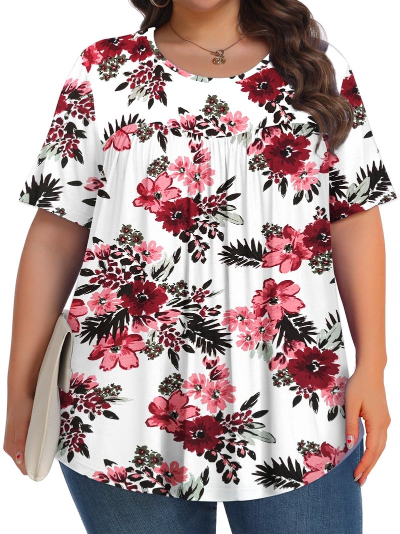 Tencede Womens Plus Size Tops Tunic Short Sleeve Crew Neck Shirts Casual Soft Blouse Begonia Flower 3X - Image 3