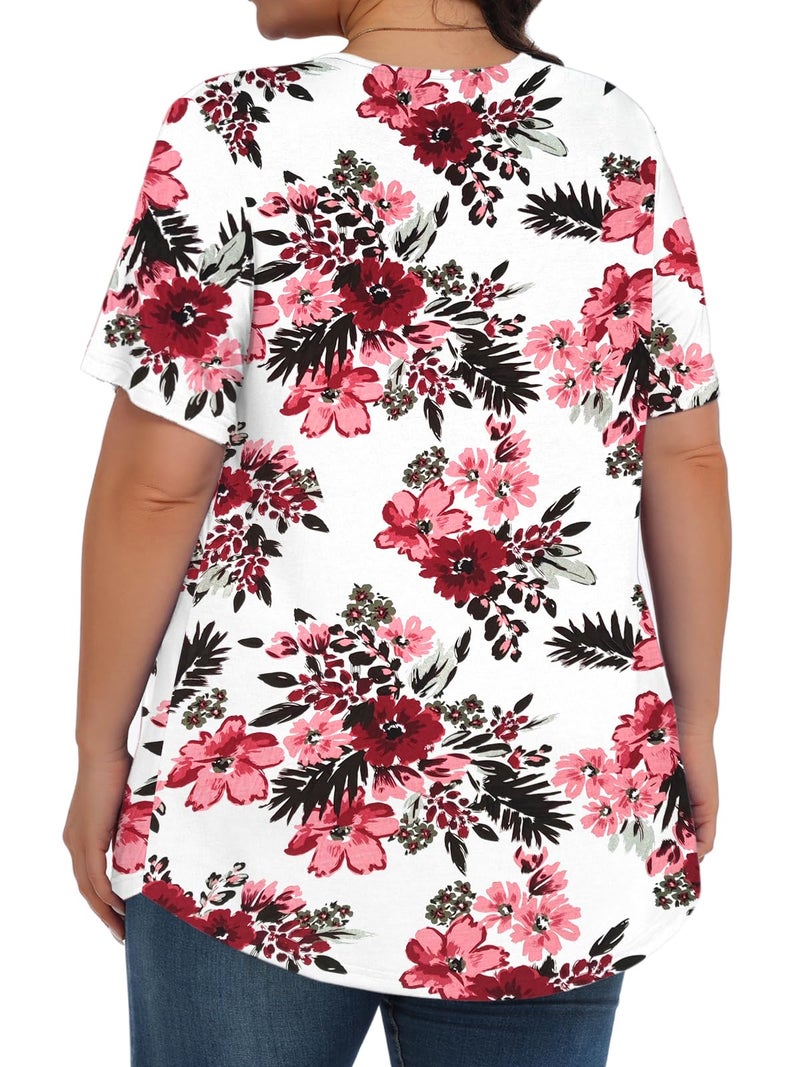 Tencede Womens Plus Size Tops Tunic Short Sleeve Crew Neck Shirts Casual Soft Blouse Begonia Flower 3X - Image 4