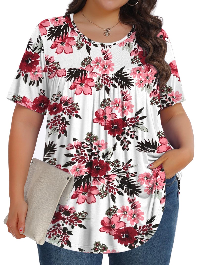Tencede Womens Plus Size Tops Tunic Short Sleeve Crew Neck Shirts Casual Soft Blouse Begonia Flower 3X - Image 1