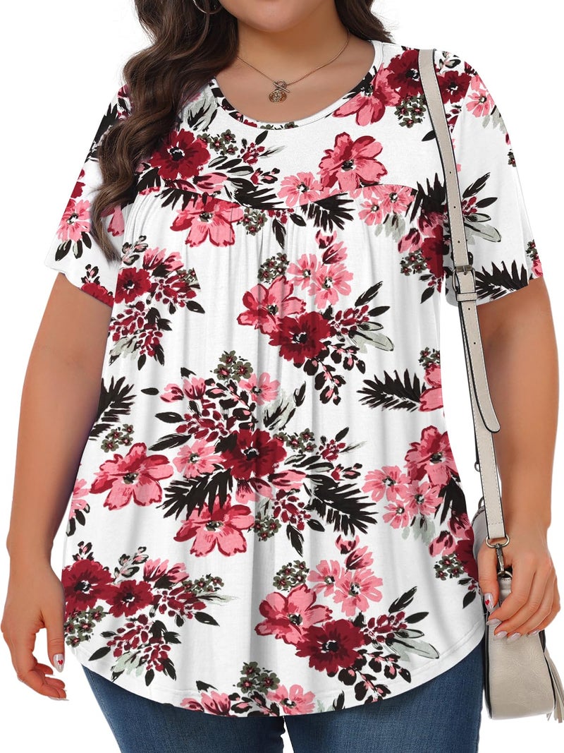 Tencede Womens Plus Size Tops Tunic Short Sleeve Crew Neck Shirts Casual Soft Blouse Begonia Flower 3X - Image 2