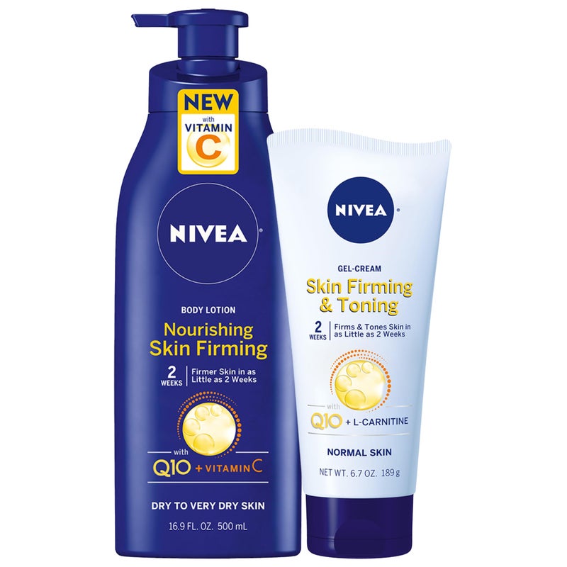 Nivea Nourishing Hydration Skin Firming Body Lotion (16.9 Fl Oz) + Skin Firming & Toning Body Gel Cream with Hyaluronic Acid (6.7 Oz), Enriched with Q10 and Vitamin C - Image 1