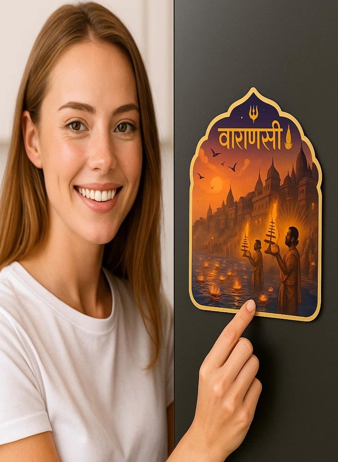 Comonot Varanasi Fridge Magnet 3x3 Inch | Fridge Decoration Magnet for Kitchen & Home Decor | Wooden Refrigerator Stylish Fridge Magnet - Image 2
