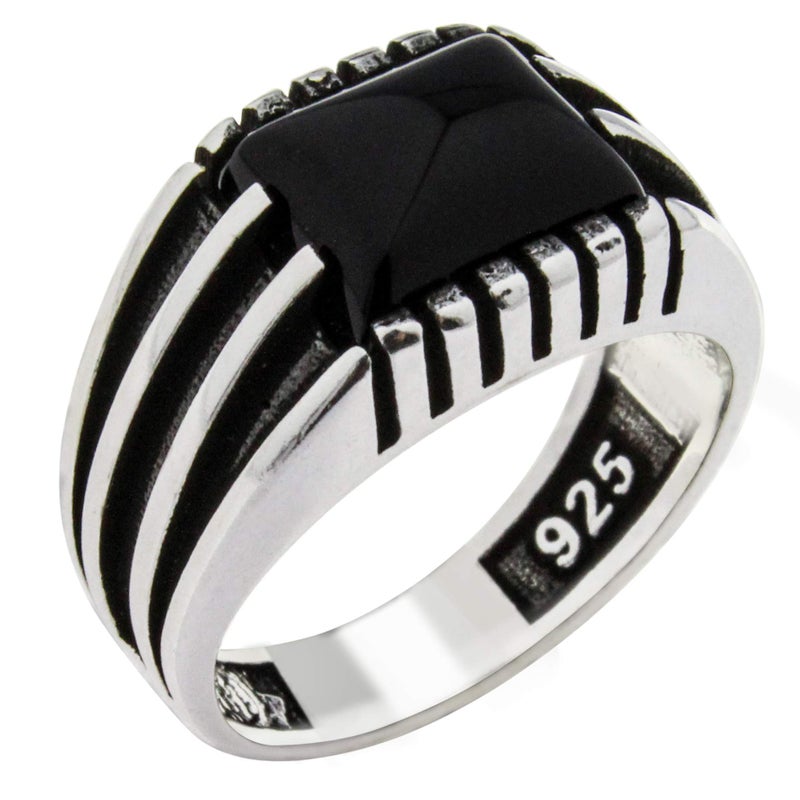 Babylon Silver Solid 925 Sterling Silver Onyx Stone Turkish Handmade Luxury Men's Ring (12) - Image 3