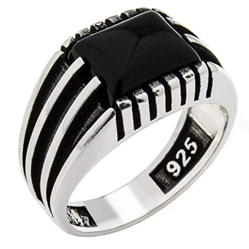 Babylon Silver Solid 925 Sterling Silver Onyx Stone Turkish Handmade Luxury Men's Ring (12) - Image 1