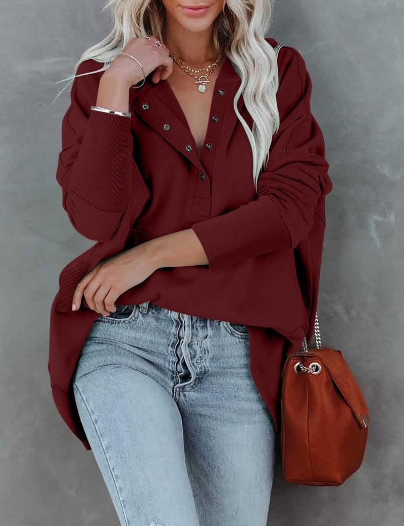 onlypuff Pullover Hoodies for Women Oversized V Neck Sweatshirt Button up Juniors Hooded Sweatshirt Winter Top Crimson M - Image 3