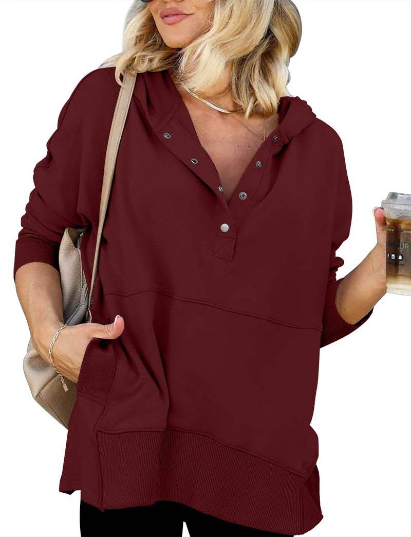 onlypuff Pullover Hoodies for Women Oversized V Neck Sweatshirt Button up Juniors Hooded Sweatshirt Winter Top Crimson M - Image 1