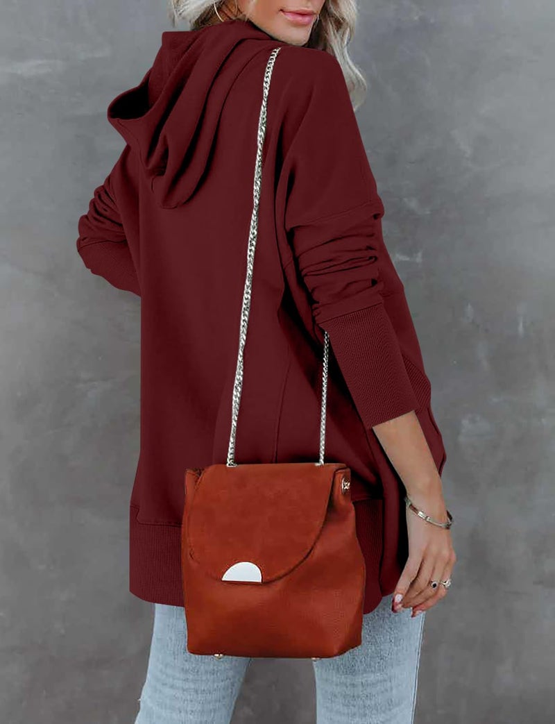 onlypuff Pullover Hoodies for Women Oversized V Neck Sweatshirt Button up Juniors Hooded Sweatshirt Winter Top Crimson M - Image 5
