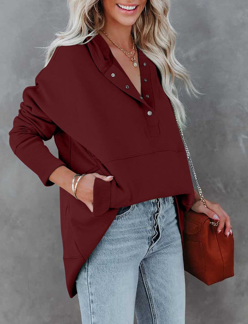 onlypuff Pullover Hoodies for Women Oversized V Neck Sweatshirt Button up Juniors Hooded Sweatshirt Winter Top Crimson M - Image 4