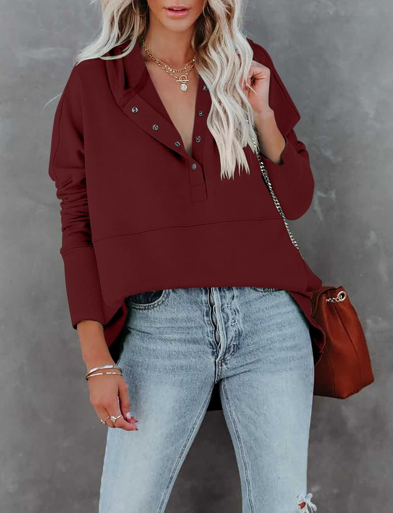onlypuff Pullover Hoodies for Women Oversized V Neck Sweatshirt Button up Juniors Hooded Sweatshirt Winter Top Crimson M - Image 2