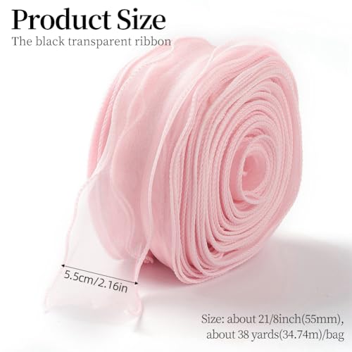 CABODYALS 38 Yards 2 Inch Pink Sheer Ribbon Wired Transparent Organza Ribbon Sweet Rose Clear Silk Chiffon Mesh Yarn Ribbons for Sewing Making Crafts Gift Wrapping Valentine Wedding Bouquets Christmas - Image 2