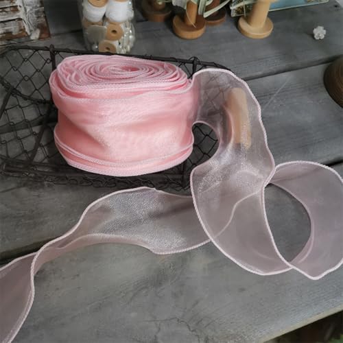 CABODYALS 38 Yards 2 Inch Pink Sheer Ribbon Wired Transparent Organza Ribbon Sweet Rose Clear Silk Chiffon Mesh Yarn Ribbons for Sewing Making Crafts Gift Wrapping Valentine Wedding Bouquets Christmas - Image 3