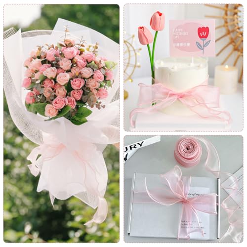 CABODYALS 38 Yards 2 Inch Pink Sheer Ribbon Wired Transparent Organza Ribbon Sweet Rose Clear Silk Chiffon Mesh Yarn Ribbons for Sewing Making Crafts Gift Wrapping Valentine Wedding Bouquets Christmas - Image 5