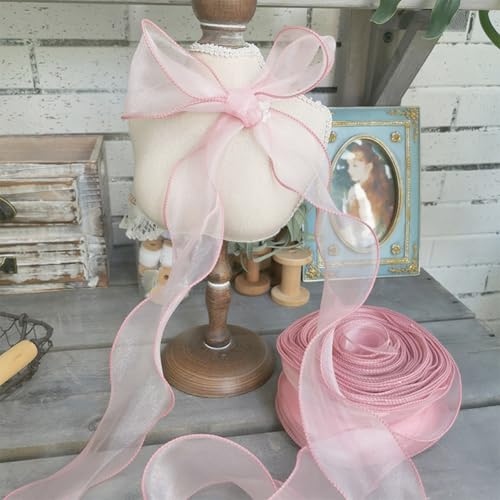 CABODYALS 38 Yards 2 Inch Pink Sheer Ribbon Wired Transparent Organza Ribbon Sweet Rose Clear Silk Chiffon Mesh Yarn Ribbons for Sewing Making Crafts Gift Wrapping Valentine Wedding Bouquets Christmas - Image 4
