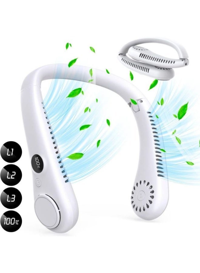 مروحة محمولة للرقبة – بدون استخدام اليدين، قابلة للشحن مع 3 سرعات وشاشة LED – باللون الأبيض - Image 2