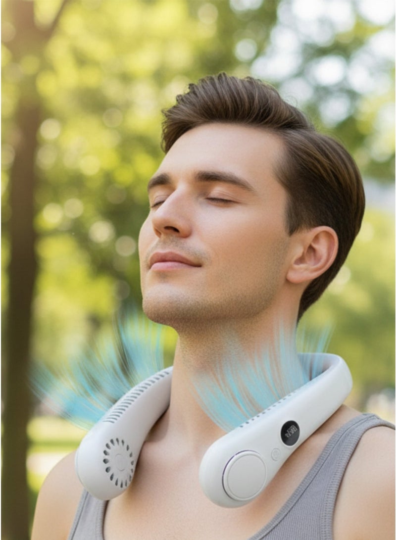 مروحة محمولة للرقبة – بدون استخدام اليدين، قابلة للشحن مع 3 سرعات وشاشة LED – باللون الأبيض - Image 1