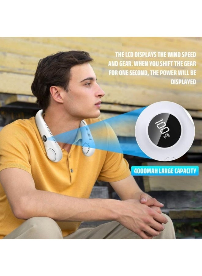 مروحة محمولة للرقبة – بدون استخدام اليدين، قابلة للشحن مع 3 سرعات وشاشة LED – باللون الأبيض - Image 4