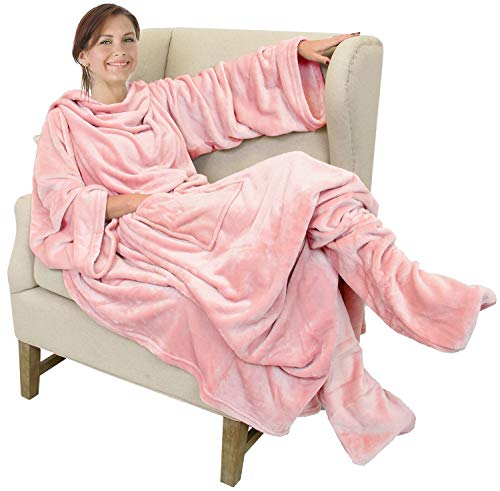 Catalonia Pink Wearable Fleece Blanket with Sleeves and Foot Pockets for Adult Women Men Micro Plush Comfy Wrap Sleeved Throw Blanket Robe