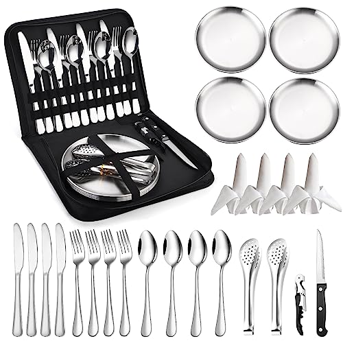 KASCNR Camping Kitchen Utensils Set 24 Piece Travel Silverware Cutlery Organizer with case Stainless Steel Reusable Cooking Utensils for 4 Person Perfect for Hiking Picnics Backpacking BBQ Mess Kit - Image 1