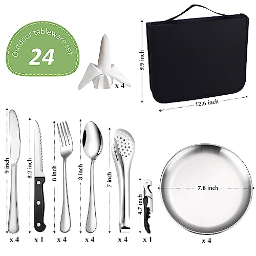 KASCNR Camping Kitchen Utensils Set 24 Piece Travel Silverware Cutlery Organizer with case Stainless Steel Reusable Cooking Utensils for 4 Person Perfect for Hiking Picnics Backpacking BBQ Mess Kit - Image 3