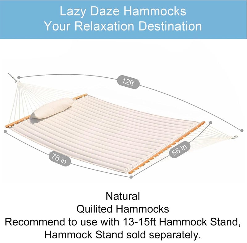 Lazy Daze Hammocks أرجوحة Lazy Daze 12 قدم مزدوجة مصنوعة من القماش مع قضيب تفريق ووسادة قابلة للفك، أرجوحة لشخصين للاستخدام في الفناء الخارجي أو الحديقة أو بجانب المسبح، سعة وزن 450 رطل، طبيعي - Image 2