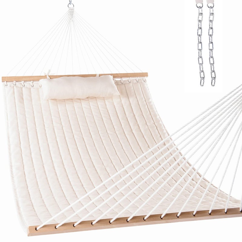 Lazy Daze Hammocks أرجوحة Lazy Daze 12 قدم مزدوجة مصنوعة من القماش مع قضيب تفريق ووسادة قابلة للفك، أرجوحة لشخصين للاستخدام في الفناء الخارجي أو الحديقة أو بجانب المسبح، سعة وزن 450 رطل، طبيعي - Image 1