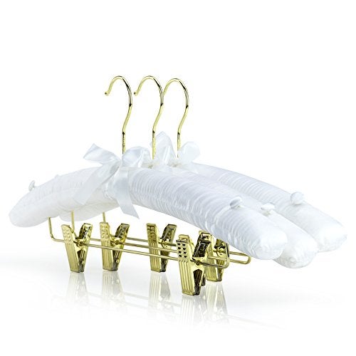 HANGERWORLD Pack of 5 White Satin Padded Hangers with Clips for Skirts, Pants & Sweaters with Non-Slip Buttons, Pretty Hanger for Women Clothing - 17 Inch - Image 1