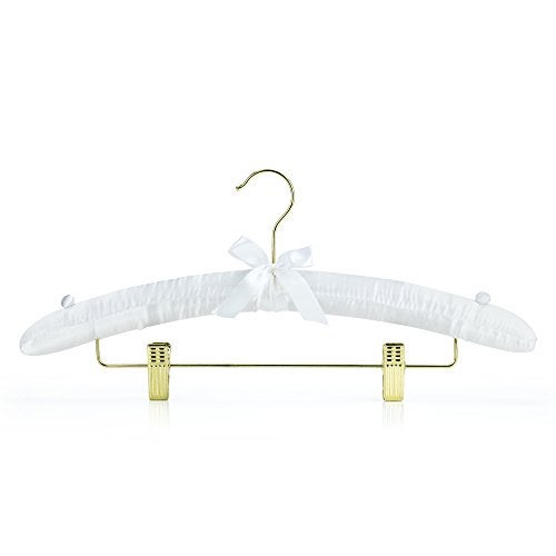 HANGERWORLD Pack of 5 White Satin Padded Hangers with Clips for Skirts, Pants & Sweaters with Non-Slip Buttons, Pretty Hanger for Women Clothing - 17 Inch - Image 2