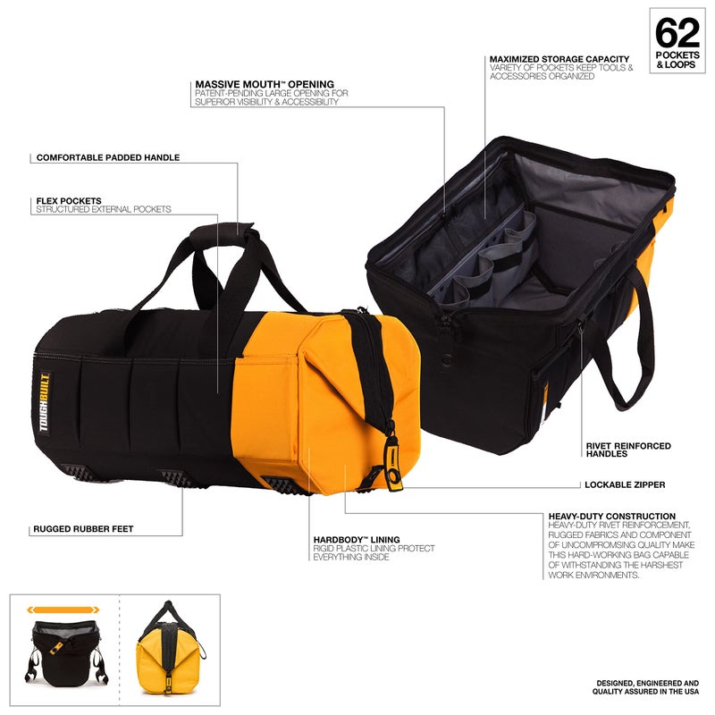 ToughBuilt â€“ 16" Massive Mouth Tool Bag, Heavy-Duty 1680D Ballistic Fabric Wide-Mouth Bag with Rigid Frame, Waterproof Hard Base & Reinforced Handles (TB-60-16) - Image 2