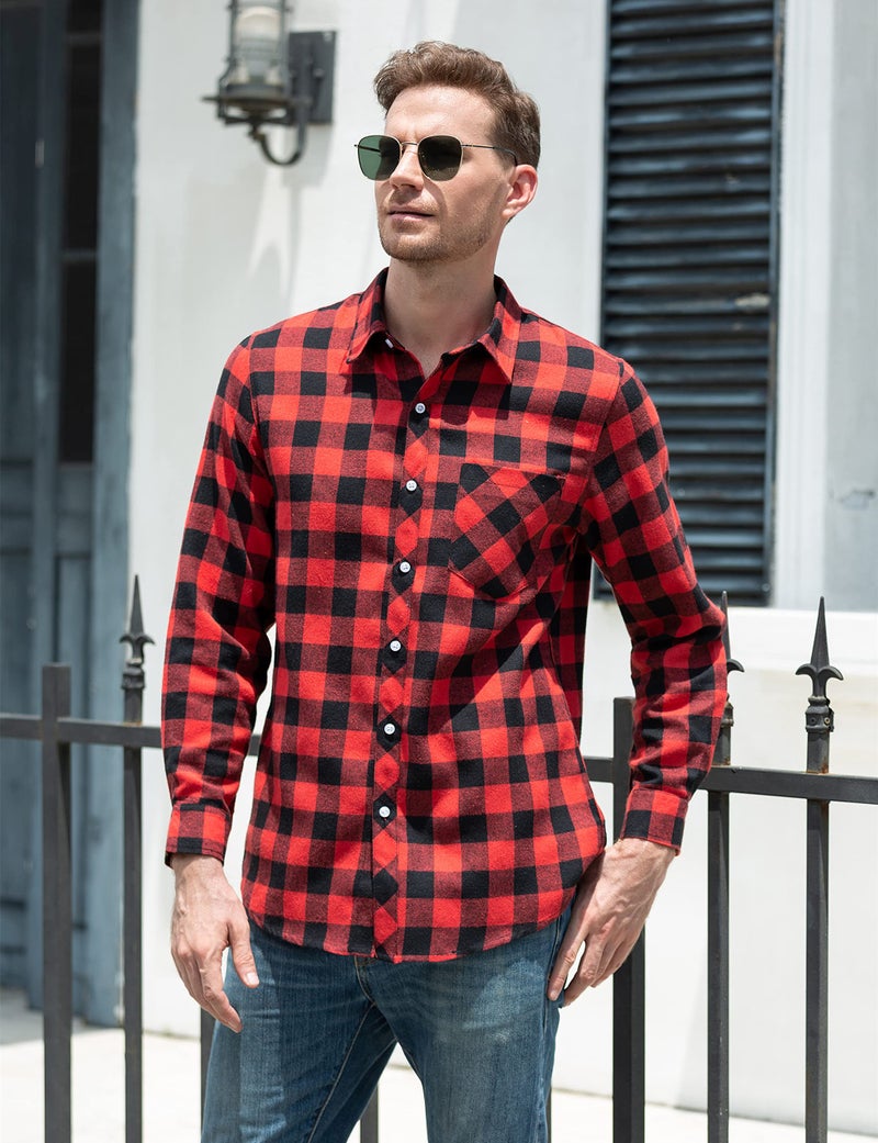 SANGTREE Mens Flannel Plaid Shirts Casual Long Sleeve Button Down Shirt Dad and Son Matching Shirts (Red, L) - Image 4