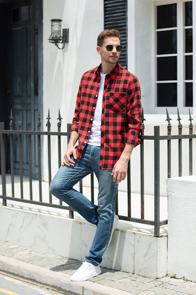 SANGTREE Mens Flannel Plaid Shirts Casual Long Sleeve Button Down Shirt Dad and Son Matching Shirts (Red, L) - Image 3