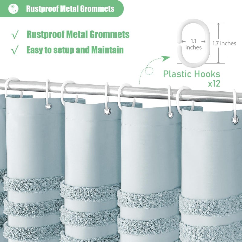 Dynamene Fog Blue Fabric Shower Curtain  Tufted Chenille Striped Textured Cloth Shower Curtain for Bathroom  Farmhouse Shabby Chic Waterproof Shower Curtain Set with Hook  Machine Washable  72x72 - Image 4