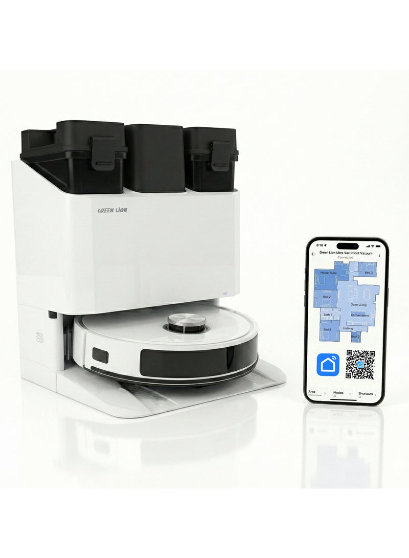 GREEN LION Ultra Vac Robot All-in-One Station Vacuum Cleaner with 8000Pa Suction / Self-Washing, Self-Drying, Self-Cleaning, and Self-Emptying Features / LIDAR Navigation / Intelligent No-Go Zone Detection / Auto Empty & Refill / Obstacle Avoidance - White - Image 1