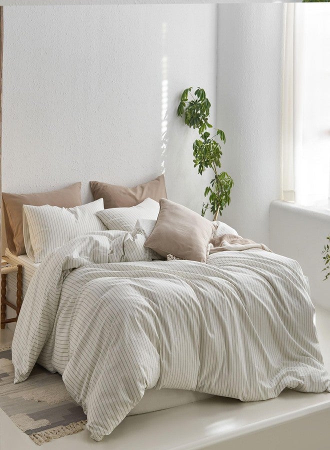 MooMee Striped Duvet Cover Set 100% Washed Cotton Linen Like Textured Breathable Durable Soft Comfy (White Sage Green Wide Stripes, King 104"x90") - Image 3