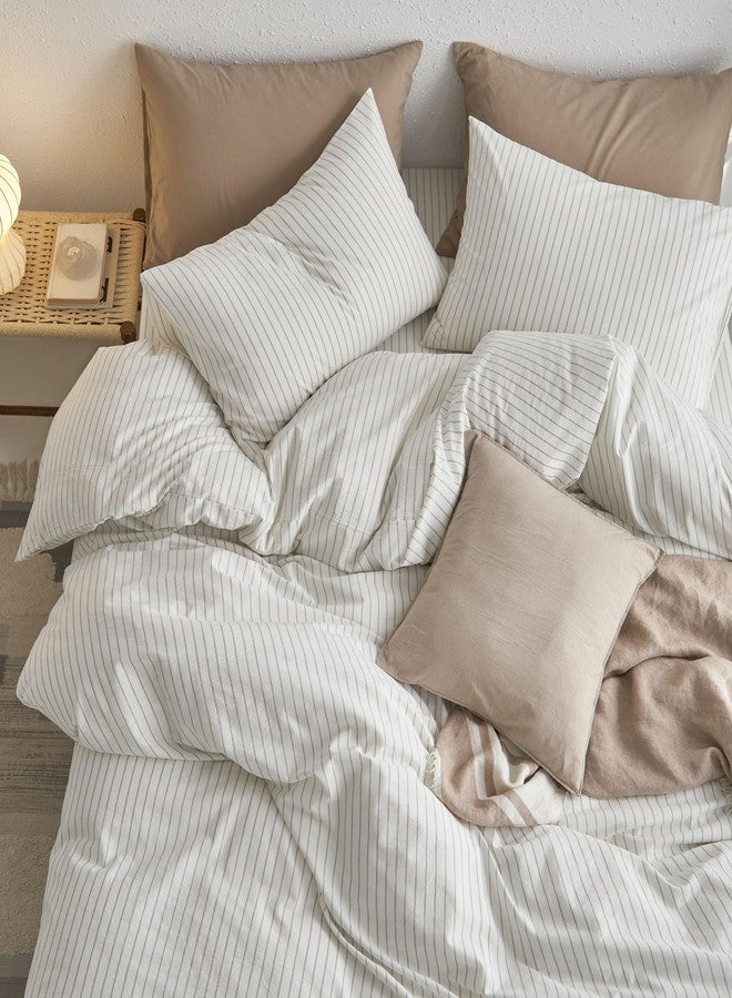 MooMee Striped Duvet Cover Set 100% Washed Cotton Linen Like Textured Breathable Durable Soft Comfy (White Sage Green Wide Stripes, King 104"x90") - Image 4