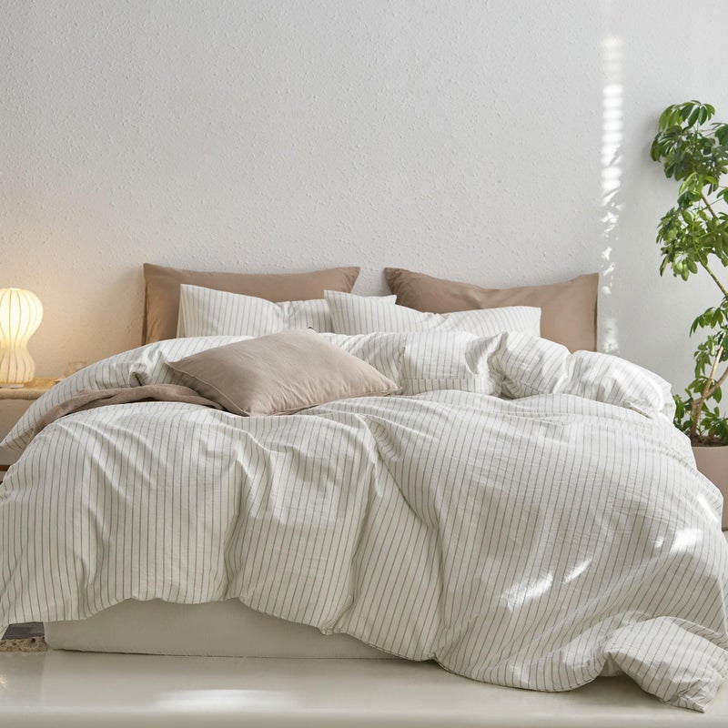 MooMee Striped Duvet Cover Set 100% Washed Cotton Linen Like Textured Breathable Durable Soft Comfy (White Sage Green Wide Stripes, King 104"x90") - Image 1