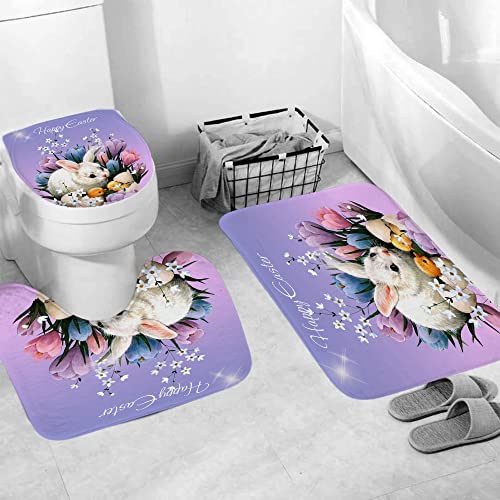 DDS-DUDES 4Pcs Easter Shower Curtain Sets，Funny Rabbit Easter and Blue Eggs for Bathroom Decor，Happy Easter Rabbit Waterproof Fabric Curtains with Hooks 71x71 inches (Colour F) - Image 3