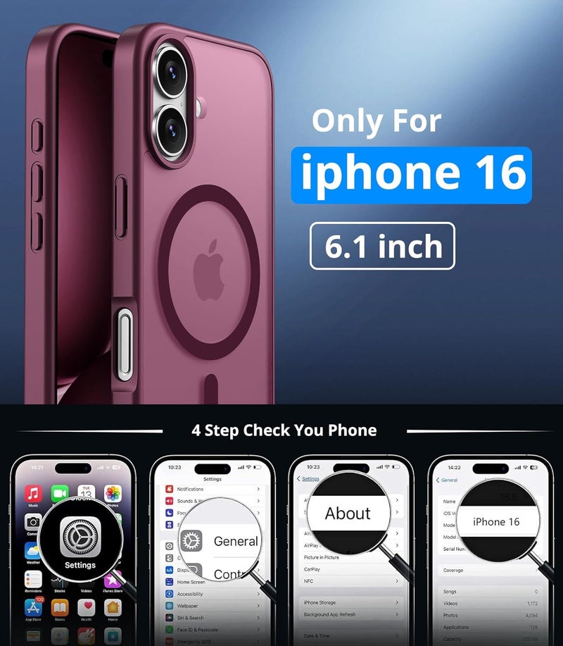 Vansdon Magnetic for iPhone 16 Case with 1 Protective Glass, Compatible with Magsafe, Military Standard Drop Protection, Translucent Matte Back, Shockproof Mobile Phone Case for iPhone 16 Case, Wine - Image 4